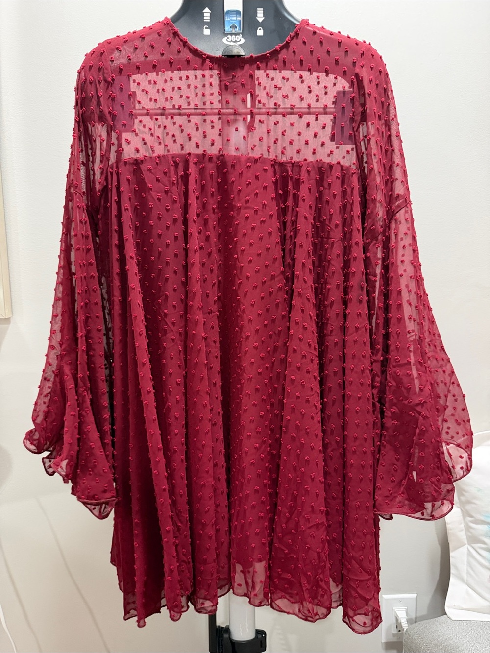 Boohoo Burgundy Textured Swiss Dot Chiffon Long Sleeve Dress